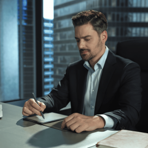 A professional takes notes on an AINOTE AIR 2 digital notepad during a business meeting.