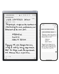 Handwritten notes on an iFLYTEK AINOTE Air 2, synced with a smartphone, showcasing its cloud synchronization and handwriting-to-text capabilities.