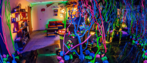 A vibrantly lit room with neon trees, glowing rocks, and an "ON AIR" sign indicating a broadcast studio.