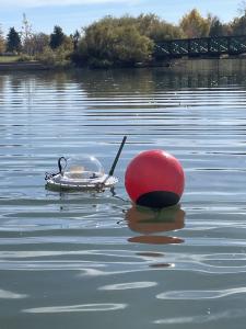 An AquaRealTime buoy floats seamlessly in a water body, providing real-time data on water quality parameters like dissolved oxygen, turbidity, and temperature for proactive management and verification.