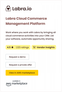 An image showing Labra.io's AWS Marketplace listing embedded on their website and having a Request a demo and Buy with AWS options