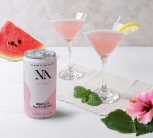 Picture of NA Mocktail in a martini glass with a slice of watermelon