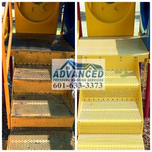 Playground equipment cleaning - an example of before and after of the amazing transformation of the moldy unsanitary equipment by a skillful technician from Advanced Pressure Washing Services LLC