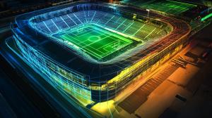 A digital 3D representation of a stadium rendered in vibrant neon lines, showcasing field details, seating areas, and surrounding infrastructure, highlighting advanced LiDAR technology used for mapping and design