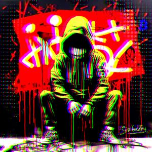 A glitch art depiction of a hooded figure sitting in front of a red graffiti-covered wall, with neon colors dripping in distortion. The artwork incorporates Bitcoin symbols and street art elements, showcasing a blend of rebellion and digital identity.