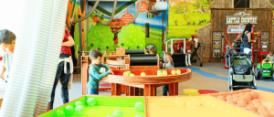 Children playing in a colorful indoor playground with ball pits and toys.