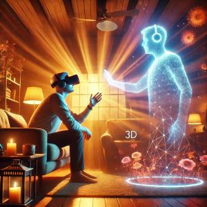 A visually captivating AI-generated image depicting OPIC Technologies' 3D livestreaming technology. The scene shows a man wearing a VR headset seated in a cozy living room, reaching out to a glowing holographic figure of another person in a virtual connec