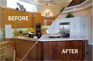 Before & after photo of kitchen remodel.