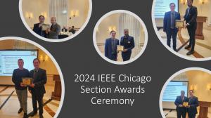 Dr. Alvin presenting awards to recipients (bottom left, clockwise): Friends of the IEEE Chicago Section Award, Distinguished Officer Award, Outstanding Section Member Award, Certificate of Appreciation, and Distinguished Mentoring Award