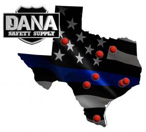 Dana Safety Supply map of Texas locations, including Austin, two Houston locations, San Antonio, College Station, Lubbock, Dallas