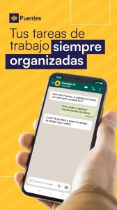 Publicidad de Puentes mostrando un chat de ejemplo en WhatsApp, con el texto 'Tus tareas de trabajo siempre organizadas' y un fondo amarillo.