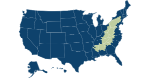 Map of the US with a highlight of the area supported. Serving healthcare organizations located in the HRSA-defined rural counties served by the Appalachian Regional Commission across Alabama, Georgia, Kentucky, Maryland, Mississippi, New York, North Carol