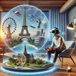 A person sits in a modern living room wearing a VR headset, fully immersed in a virtual travel experience. In front of them, a glowing, futuristic holographic globe displays famous landmarks, including the Eiffel Tower, the Statue of Liberty, a Ferris whe