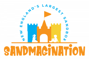 Sandmagination logo featuring a colorful sandcastle with silhouettes of two children and the tagline 'New England's Largest Sandbox'