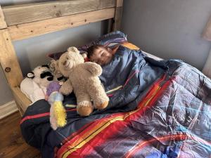 A little boy is snuggled up under sheets and blankets on a wooden bed, with a staffed animal at his side.