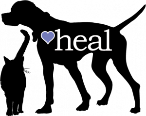 Dr. Rusch's logo, the word heal with a purple heart and a black dog, inspired by her own dog.