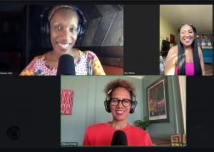 Co-hosts Tracee Loran and Stacey L. Holman with guest Roz White