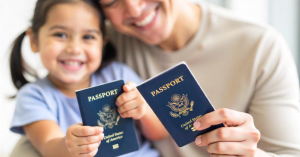 A smiling parent and child holding U.S. passports, symbolizing successful immigration outcomes and family unity.