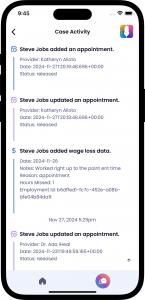 Screenshot of the Quilia app showing the Case Activity log with client updates, appointments, and wage loss entries.