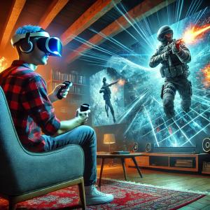 A person sits comfortably in a modern living space, fully immersed in a 3D livestream of gameplay while wearing a sleek VR headset. The holographic projection of the gaming world appears vivid and dynamic, showcasing the excitement and interactivity of th