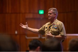 U.S. Navy Adm. Samuel J. Paparo, commander, U.S. Indo-Pacific Command (INDOPACOM), discusses education, technological advancement and its importance at the Naval Postgraduate School.