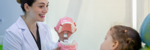 A doctor demonstrating a dental model to a patient.