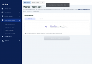 The Medical Record UI of AI.Law showcases its advanced capabilities in processing and analyzing medical documents. This interface provides a streamlined experience for users, offering features like document uploads, summary generation, and actionable insi