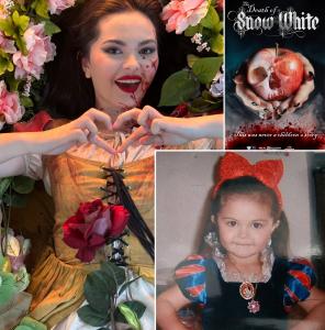 Sanae Loutsis dressed as Disney's Snow White as a young girl and her today staring in The Death of Snow White