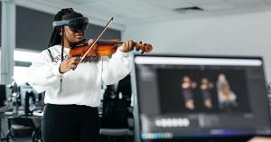 Musician playing the violin, wearing a VR headset