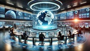 This image showcases a futuristic newsroom that vividly illustrates OPIC Technologies' spatial livestream technology. The setting features a central holographic 3D globe projection surrounded by a circular arrangement of high-tech workstations, where jour