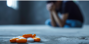 Opioid drug addiction man sitting on the floor