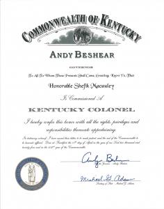 Commonwealth of Kentucky - Kentucky Colonel Commission - Certificate - Col. Shefik Macauley - April 15, 2024