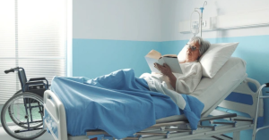 Elderly woman comfortably resting in a medical bed at home while reading a book, showcasing advanced home healthcare solutions.