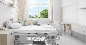 A modern medical bed positioned in a home care room, designed to provide advanced functionality and comfort for patients receiving care at home.