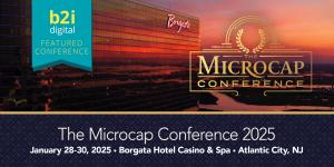 The Borgata Hotel with B2i Digital Featured Conference and The Microcap Conference logos, showcasing event details for January 28-30, 2025.