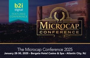 Night view of the Borgata Hotel with B2i Digital and The Microcap Conference 2025 logos in Atlantic City, NJ.