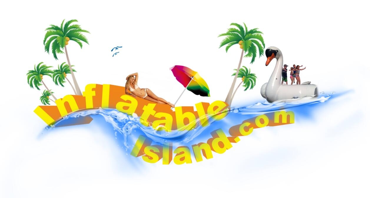 Inflatable-island.com logo on the water with large Swan and Children riding it.