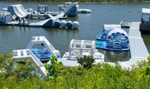 inflatable Floating Islands parked at the dock ready to go