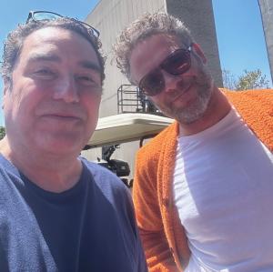 Damian Muziani posing with Seth Rogan on the set of The Studio in Burbank, California.