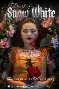 Snow White lays in a bed of flowers holding a single rose with traces of blood on her face