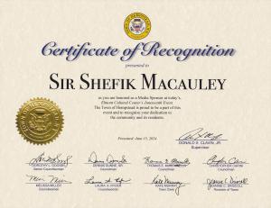 Town of Hempstead, New York - Certificate of Recognition - Sir Shefik Macauley - June 15, 2024