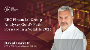 David Barrett, CEO of EBC Financial Group (UK) Ltd., stands in front of a background featuring gold bars and market trend graphs, illustrating EBC Financial Group's analysis of gold’s outlook for 2025 - EBC