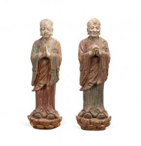 January 15th features many fine Asian items, led by a pair of polychrome-painted standing arhats on integral lotus pedestals, likely from the Ming Dynasty, both 49 inches tall (est. $8,000-$16,000).