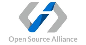 Logo of the Open Source Alliance featuring a modern abstract design featuring angle brackets and a slash with overlapping grey and blue geometric shapes and the text 'Open Source Alliance' below in grey font.