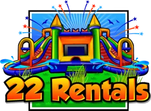 Colorful logo of 22 Rentals featuring a vibrant inflatable bounce house with water slides, surrounded by grass and playful designs, representing party rental services.