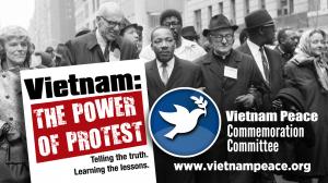 The logo of the Vietnam Peace Commemoration Committee inserted in a photo of Martin Luther King and Benjamin Spock