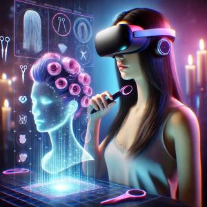 A futuristic image of a woman wearing a sleek VR headset, fully immersed in a 3D hair tutorial. The virtual environment displays a glowing holographic head model showcasing a detailed hairstyle in progress, with floating hair tools and sections being styl