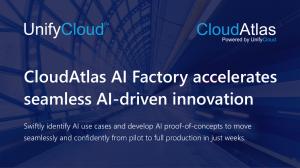 Image and text indicating that CloudAtlas AI Factory accelerates AI-driven innovation by swiftly identifying AI use cases and developing AI proof-of-concepts to move seamlessly and confidently from pilot to full production in just weeks.