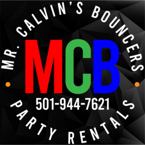 Logo for Mr. Calvin's Bouncers Party Rentals featuring bold red, green, and blue 'MCB' letters in the center, surrounded by a circular text design with the business name and phone number (501-944-7621) on a textured black background.