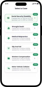 A mobile phone screen showcasing the Quilia app with case types such as Social Security Disability, Wrongful Death, Medical Malpractice, and others.